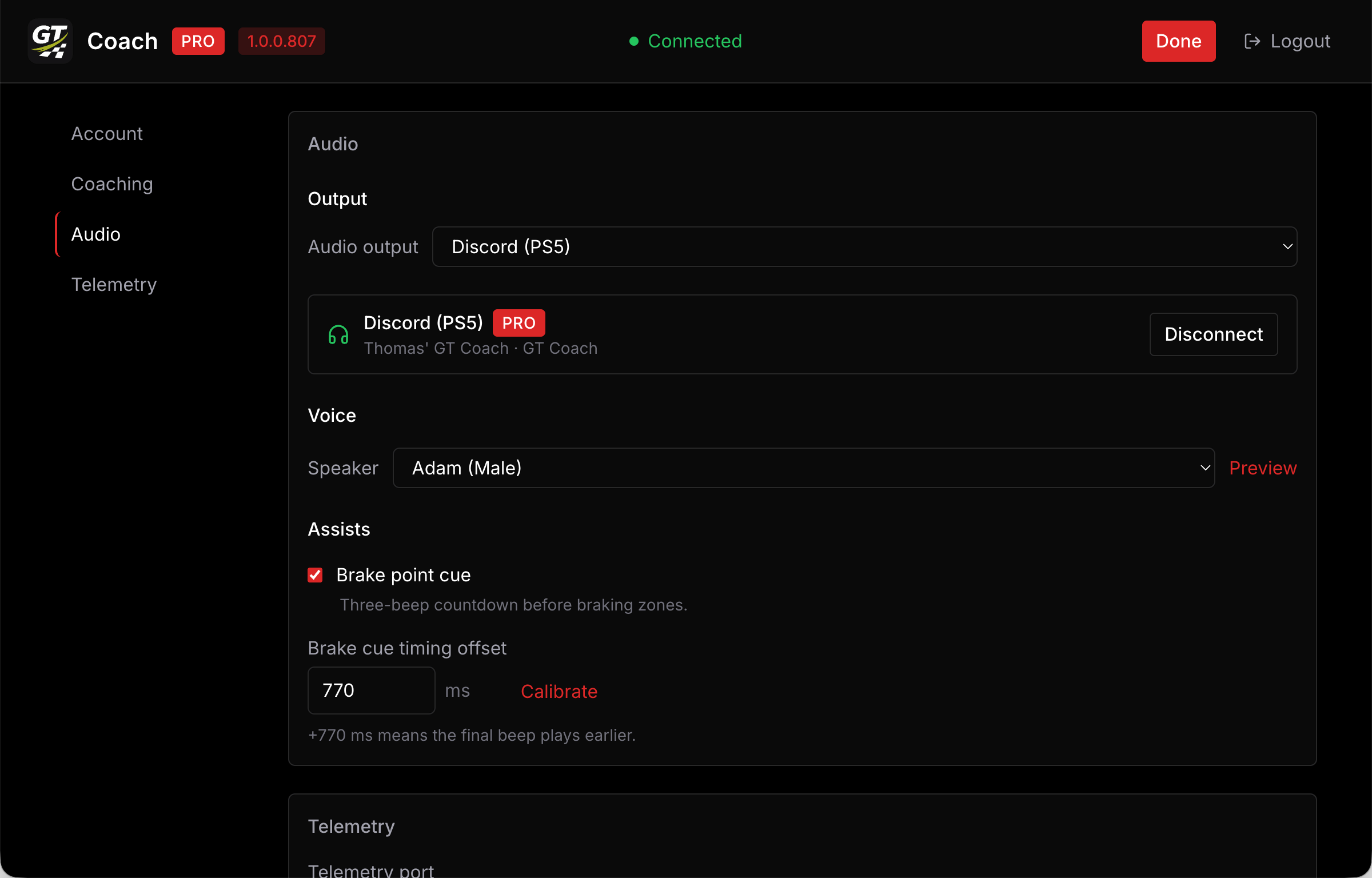 The Assists section of Settings, with the Brake point cue toggle, the timing offset and the Calibrate button.