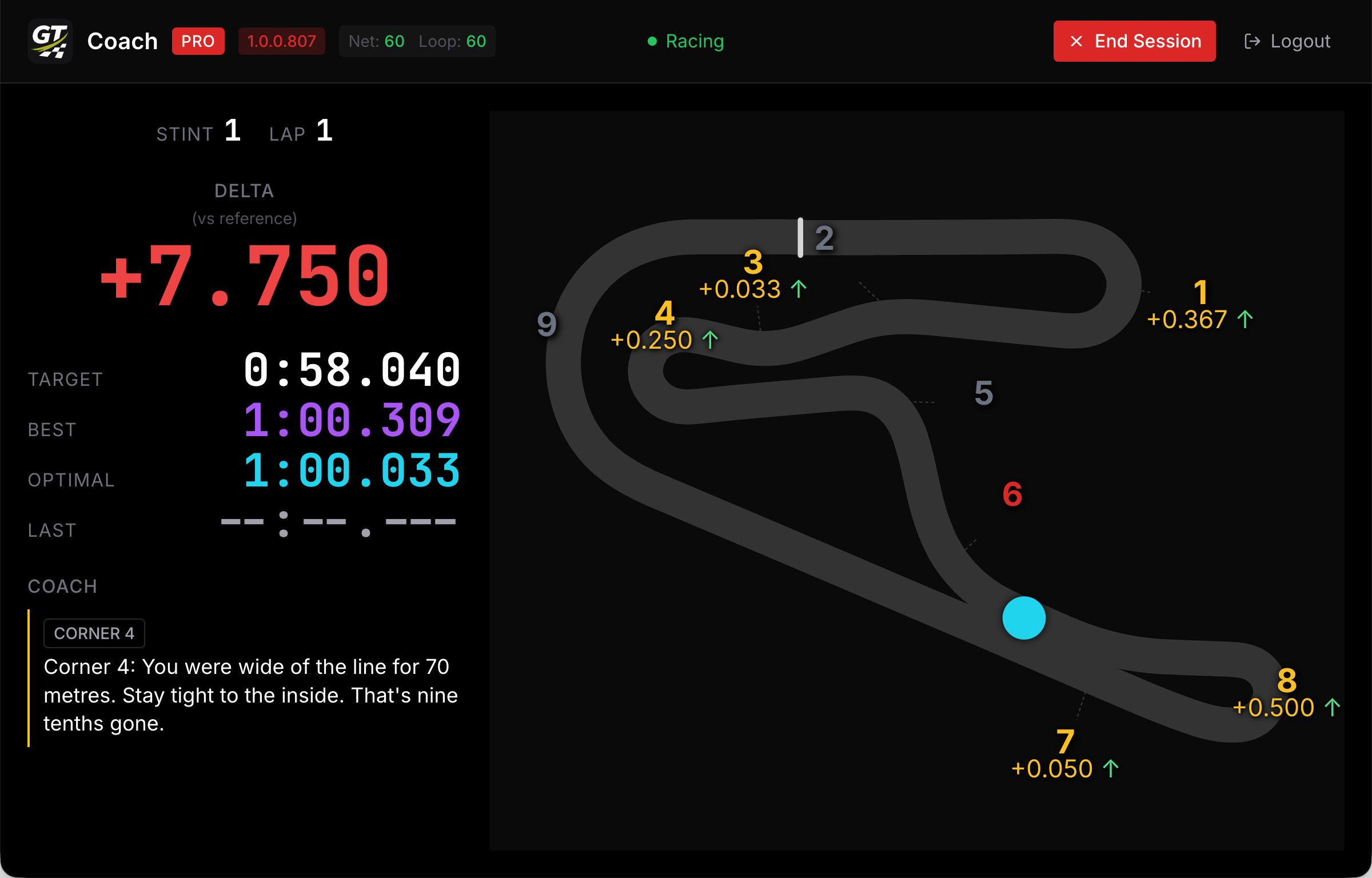 The Coach panel showing coaching messages during a lap