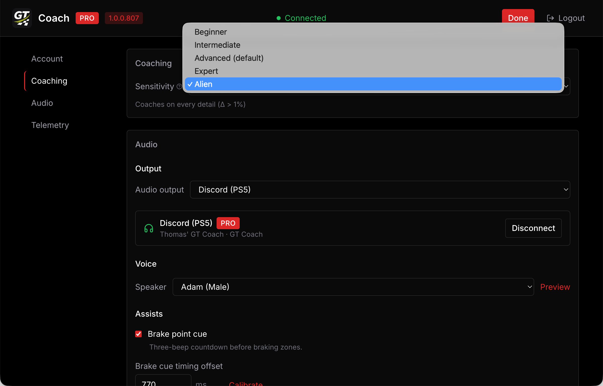 The Coaching section of Settings, with the Sensitivity levels.