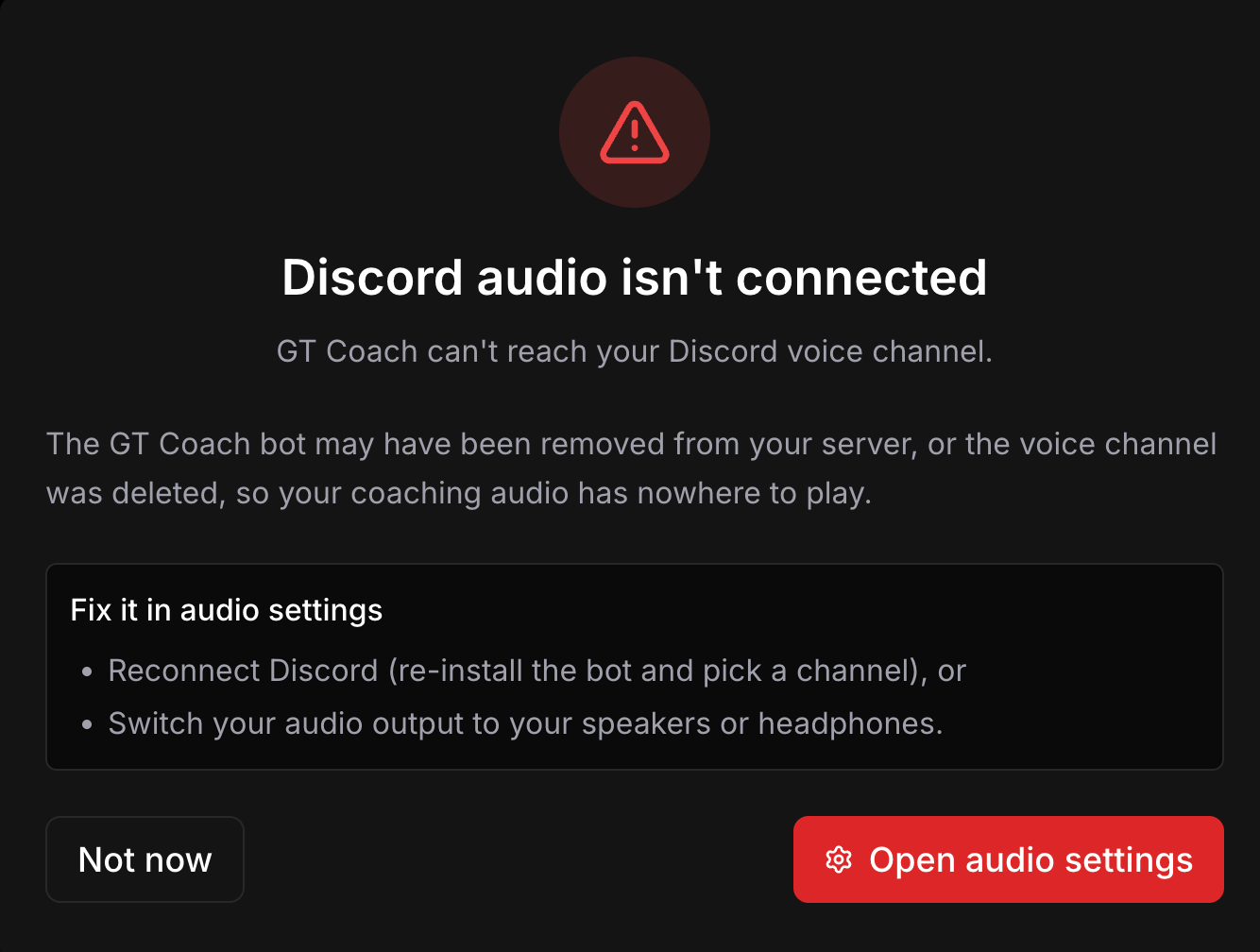 The banner shown when GT Coach cannot reach your Discord voice channel.