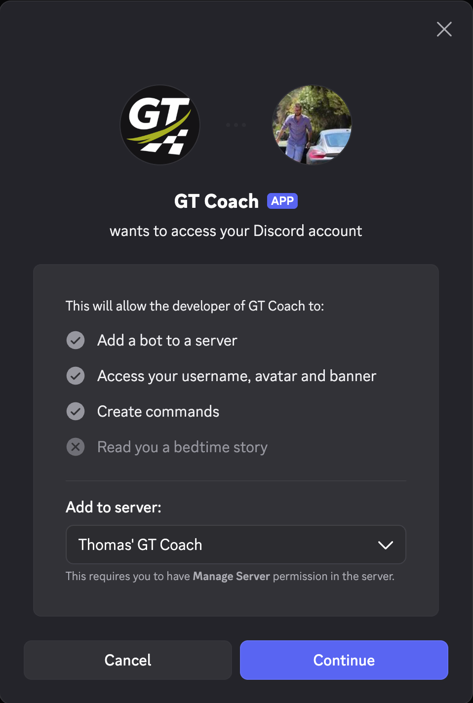 Choosing which Discord server to install the GT Coach bot on.