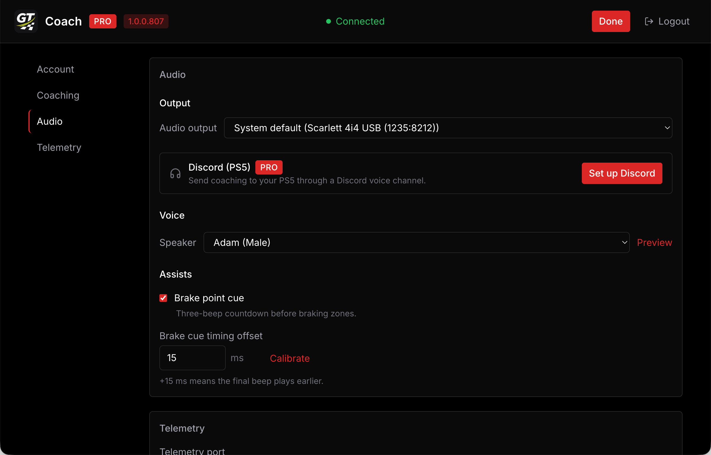 The Audio section of Settings, with the Set up Discord button.