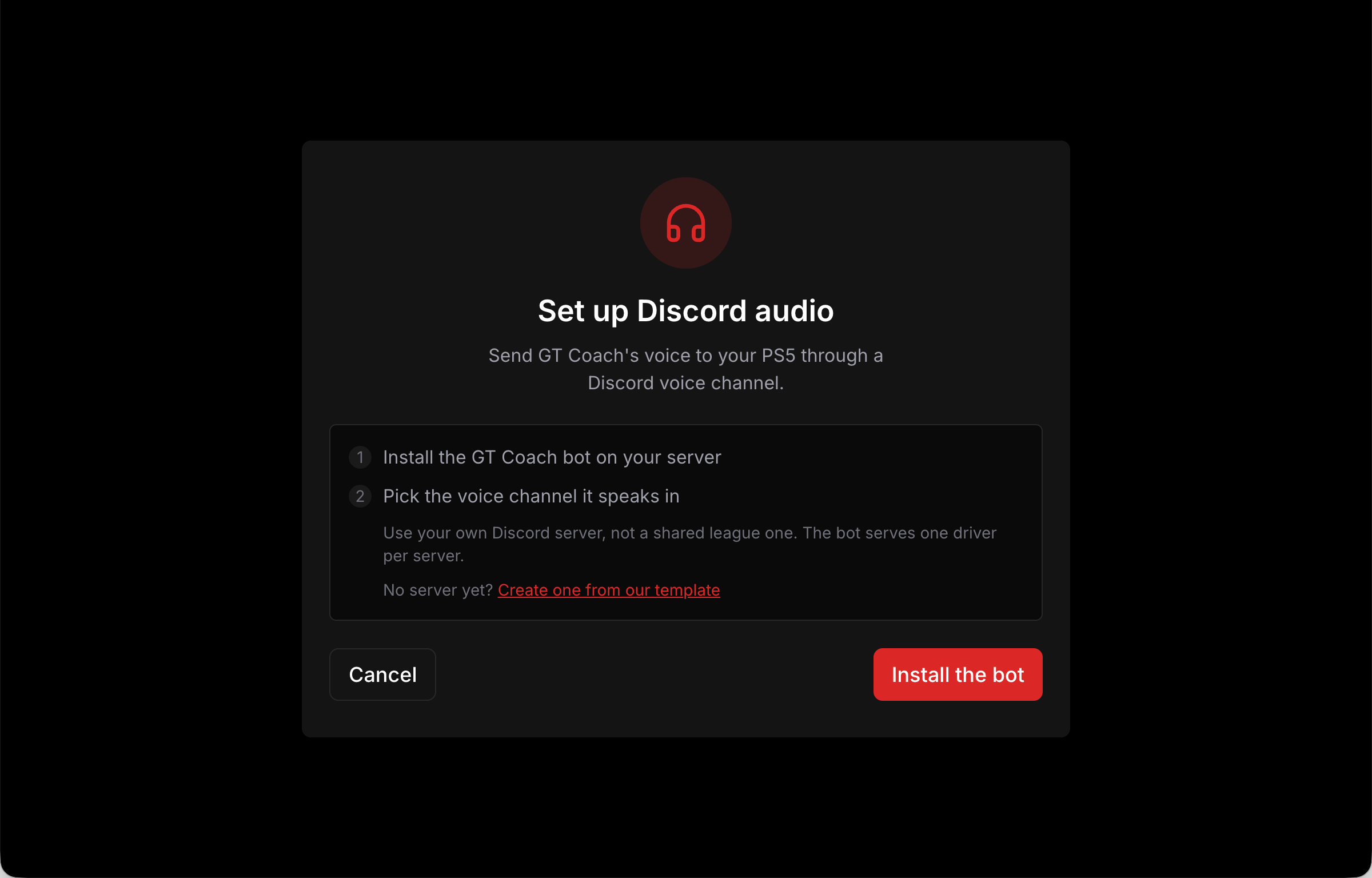 The Discord audio setup flow in GT Coach.