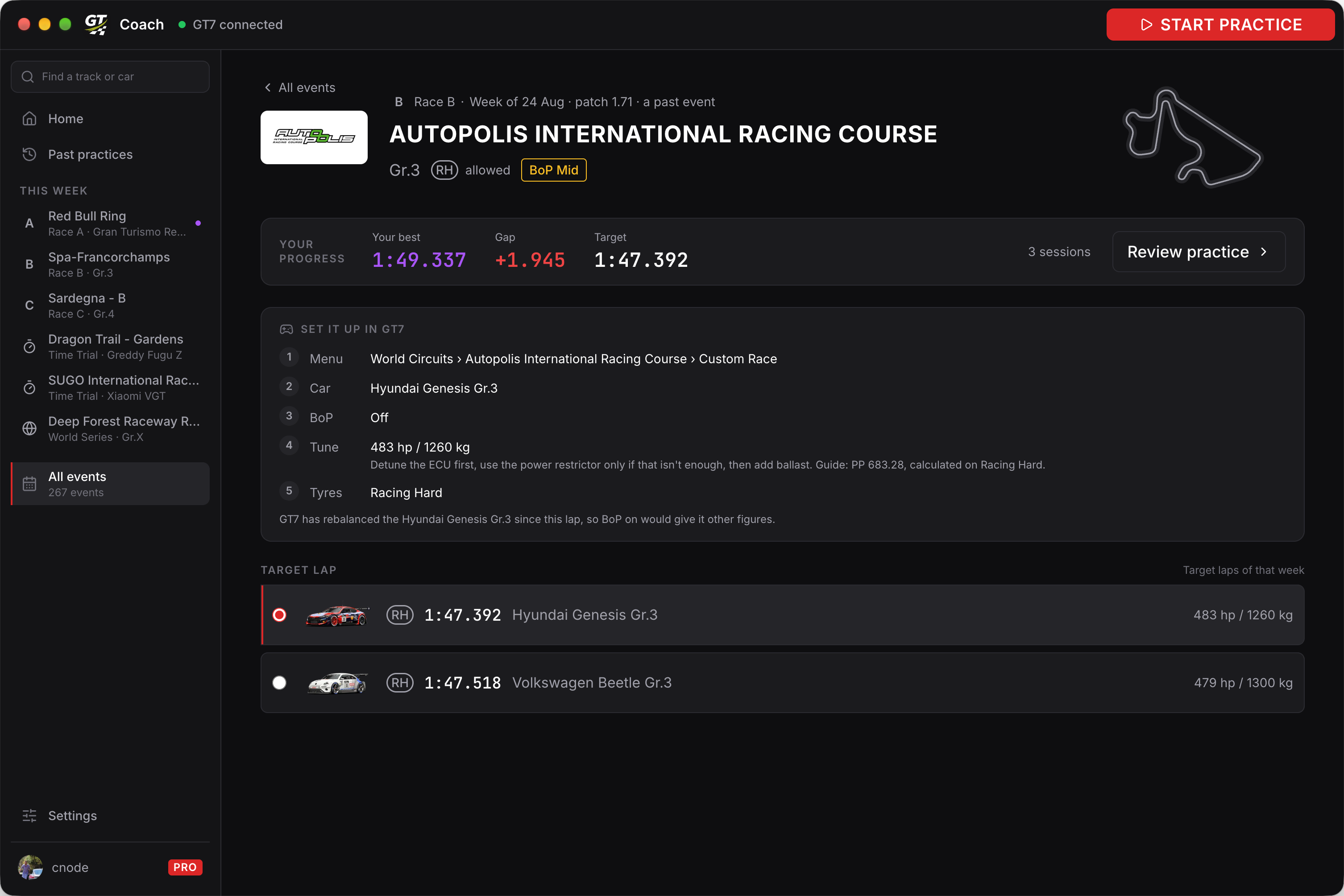A past event's page: how to set it up again in GT7 as a custom race, with BoP off and the power and weight to tune the car to, its target laps and your progress