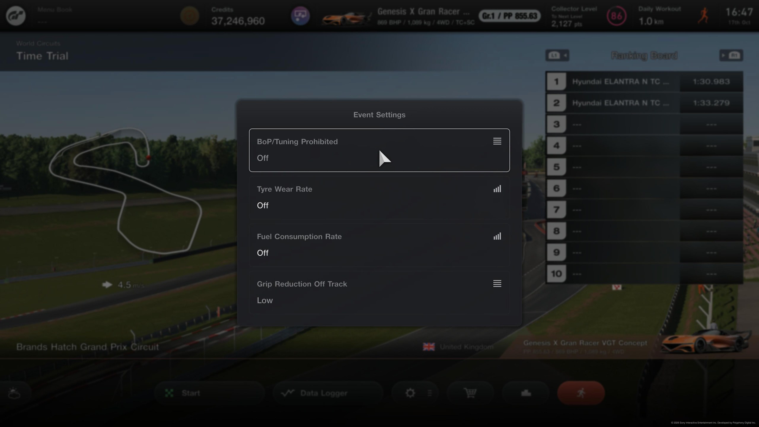Event Settings in a Time Trial, with BoP/Tuning Prohibited at the top.