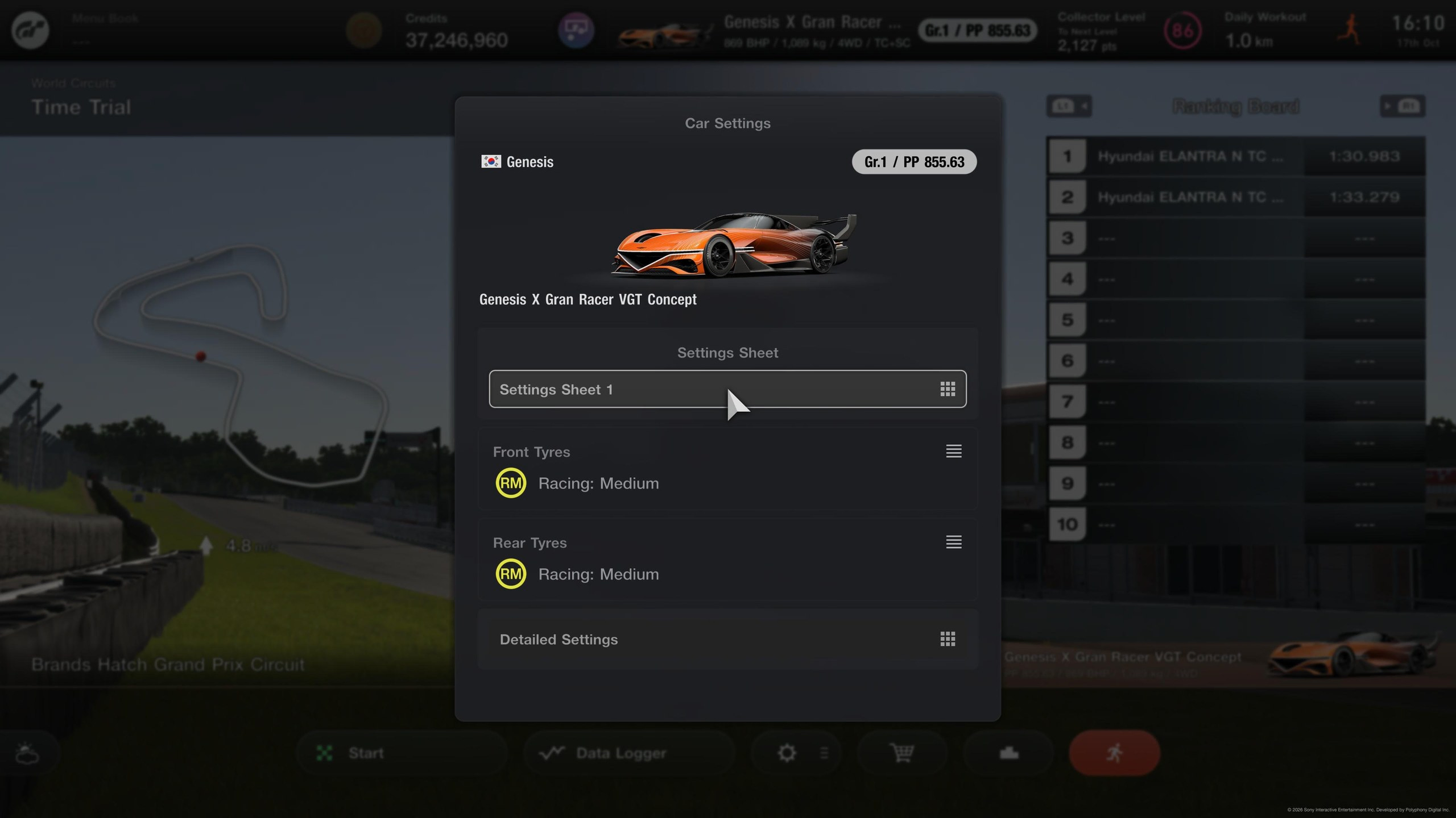 Car Settings in a Time Trial: the settings sheet, then the front and rear tyres.