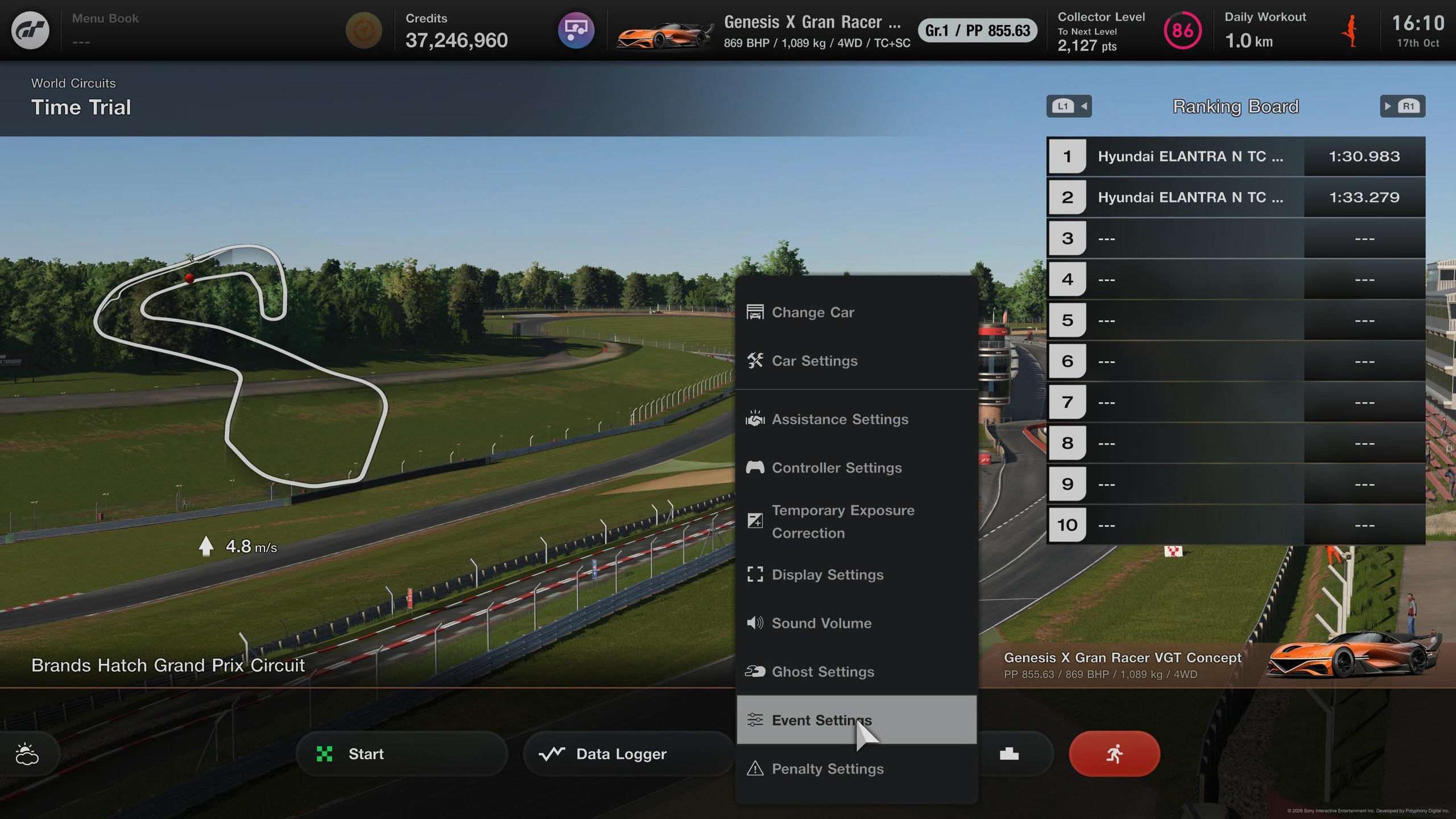 The Time Trial menu, with Event Settings.