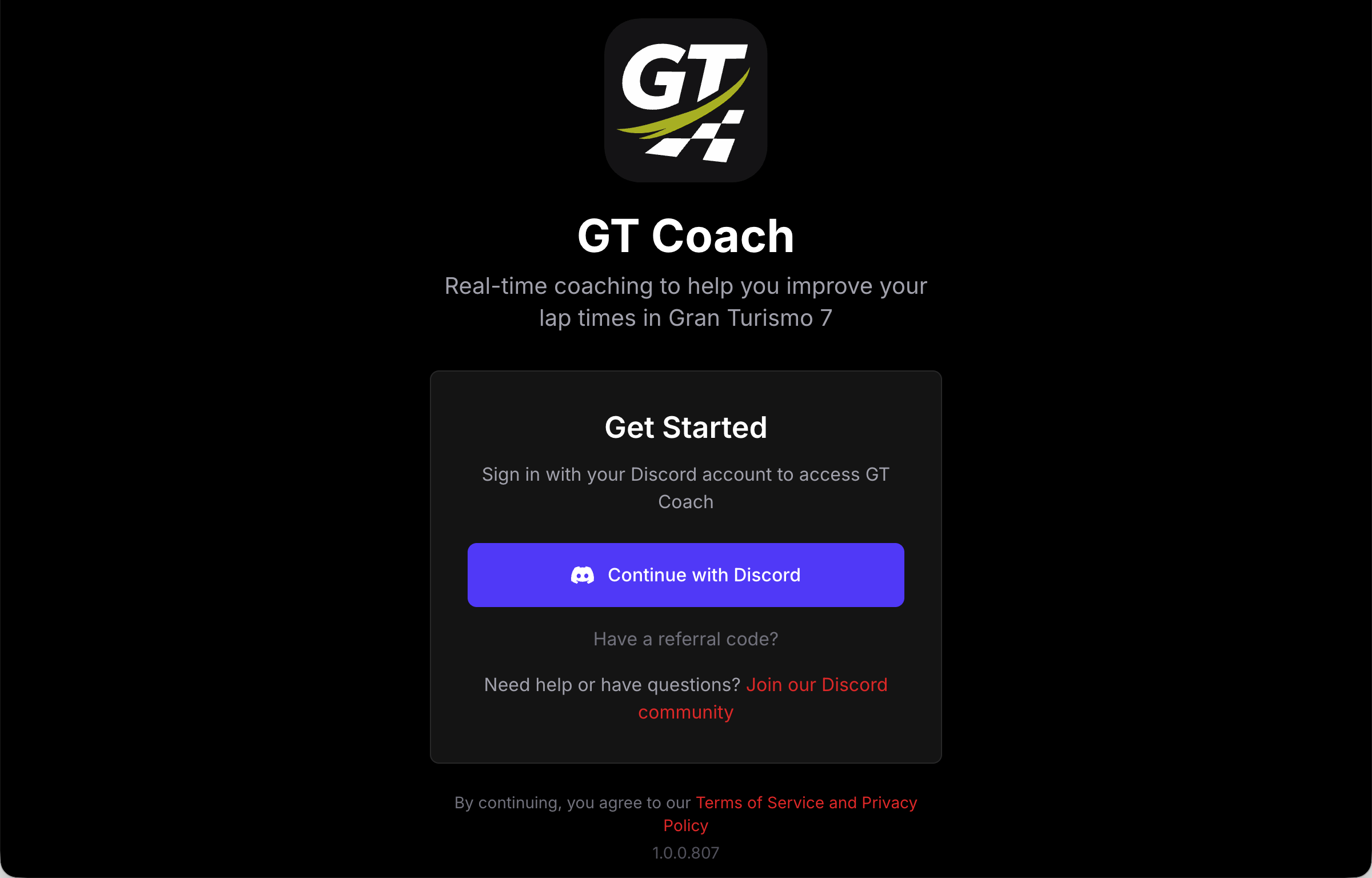 The GT Coach sign-in screen, with the Continue with Discord button and the referral code link.