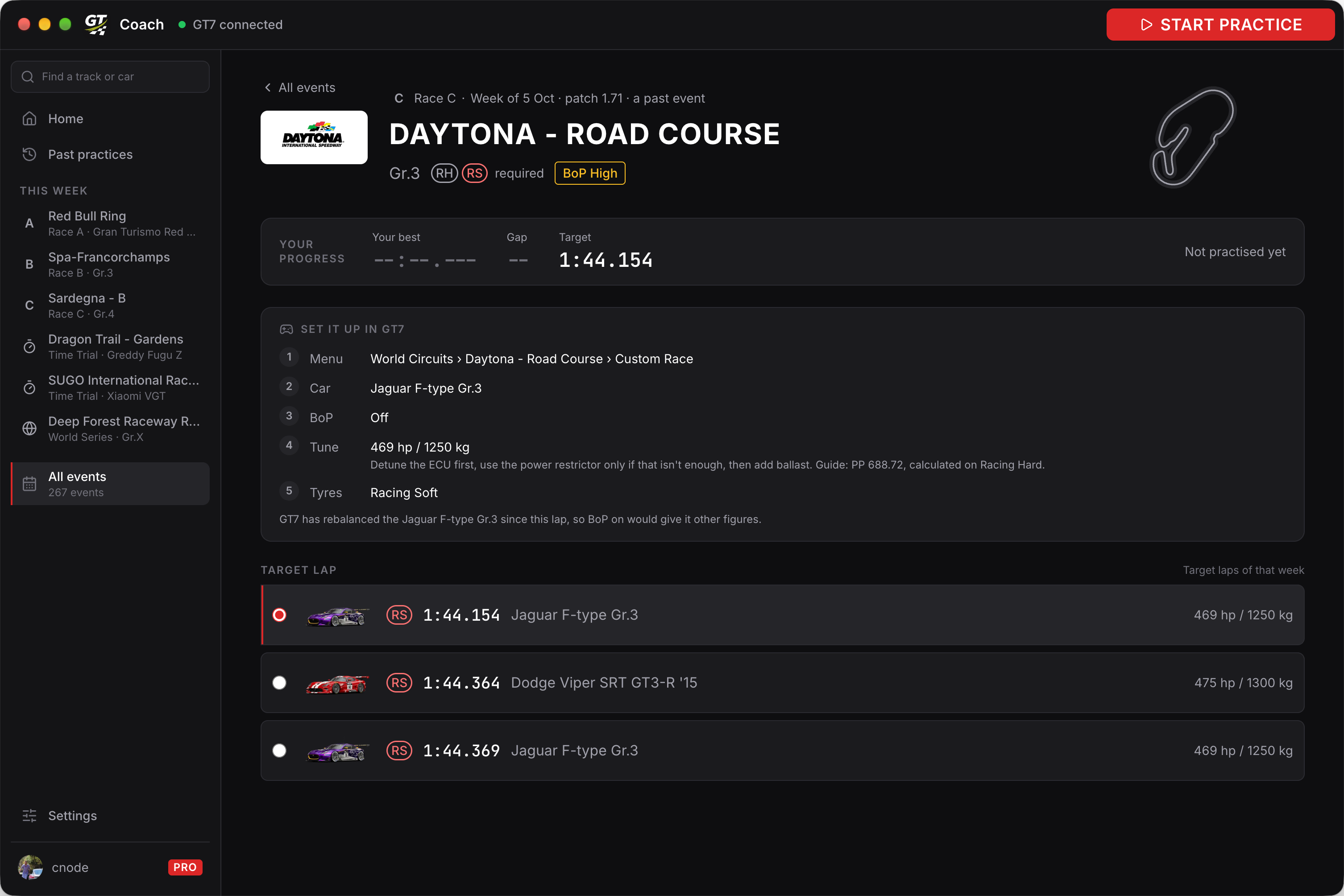 The same event with another target lap: BoP off, then the power and weight to tune the Jaguar F-type Gr.3 to.