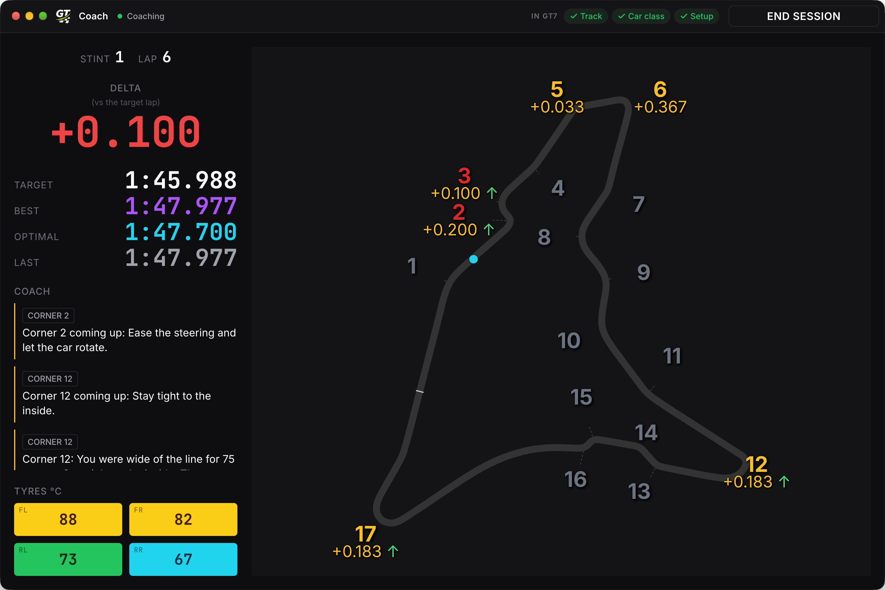 GT Coach racing screen showing live coaching messages, track map, and lap delta during a session