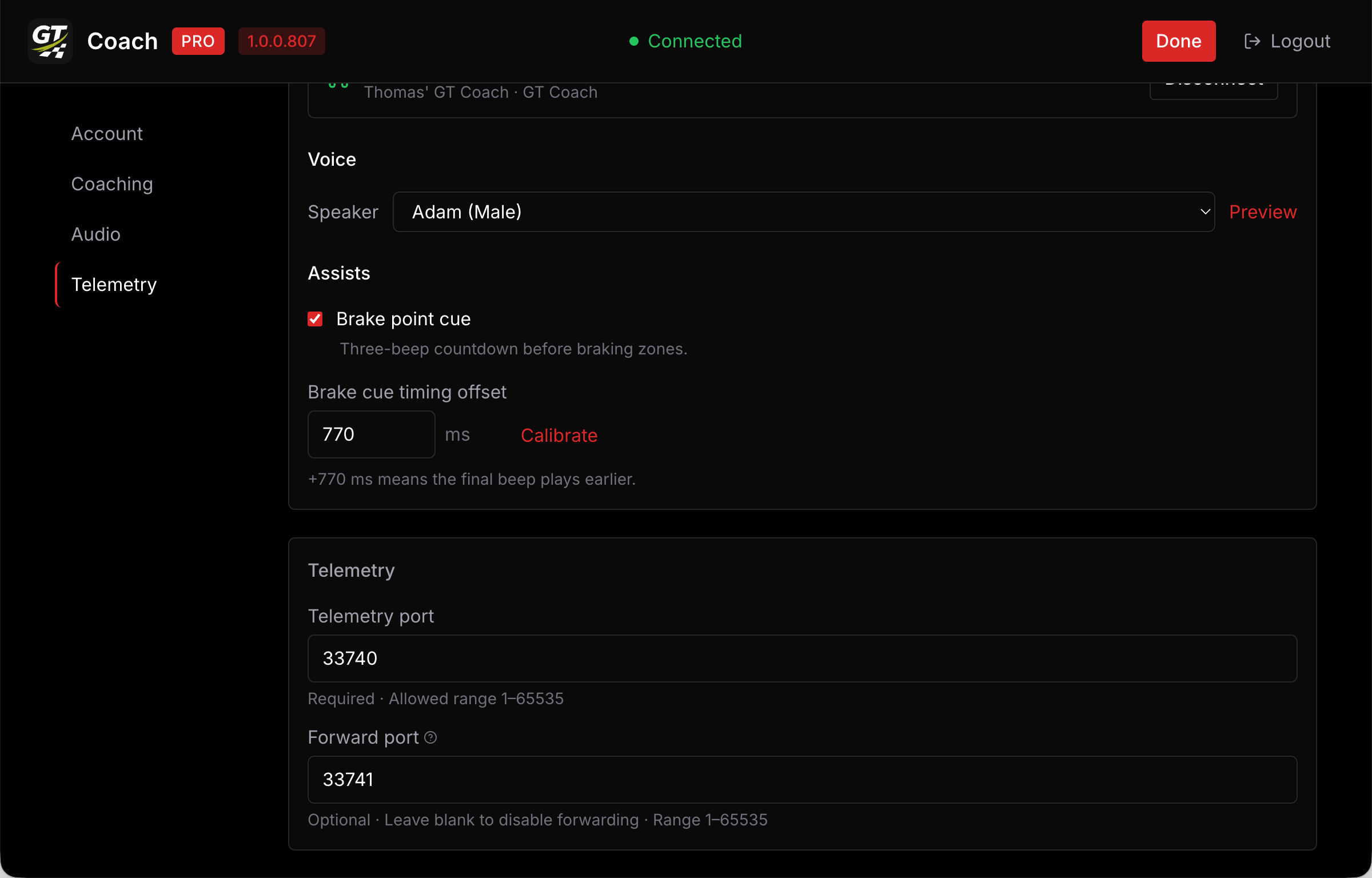 The Telemetry section of Settings, with the telemetry port and the forward port.